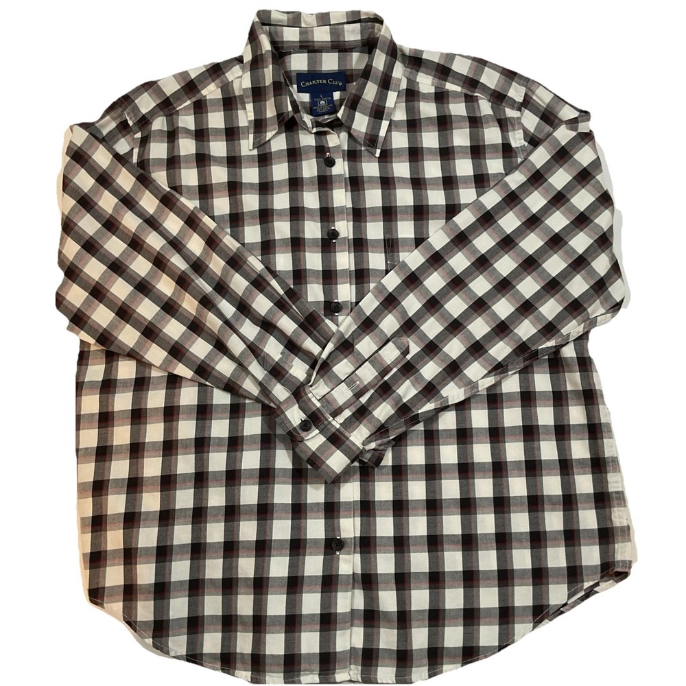 Charter Club Women Button Shirt Sz L Black, Grey Long Sleeve G19‎